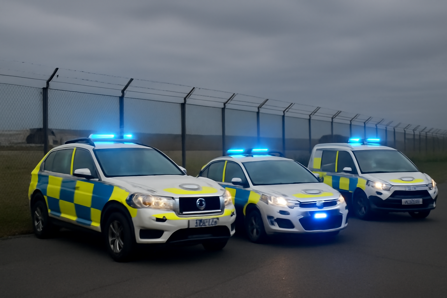 Police vehicles parked near a perimeter fence outside a military air base under overcast sky