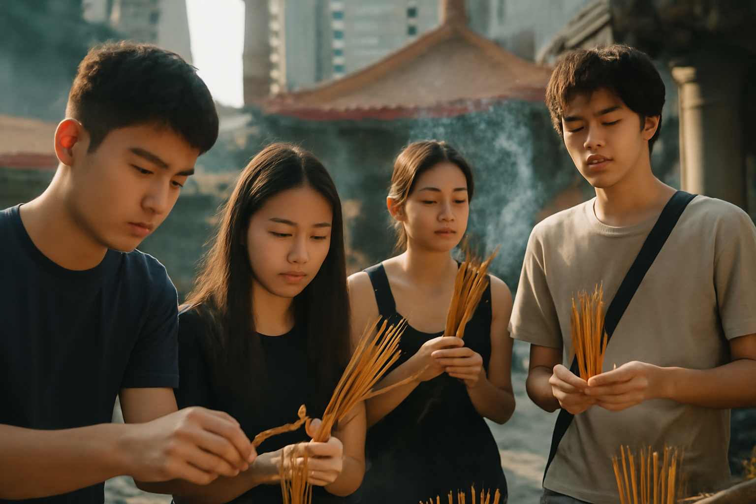 Young adults lighting incense sticks inside a Hong Kong temple courtyard