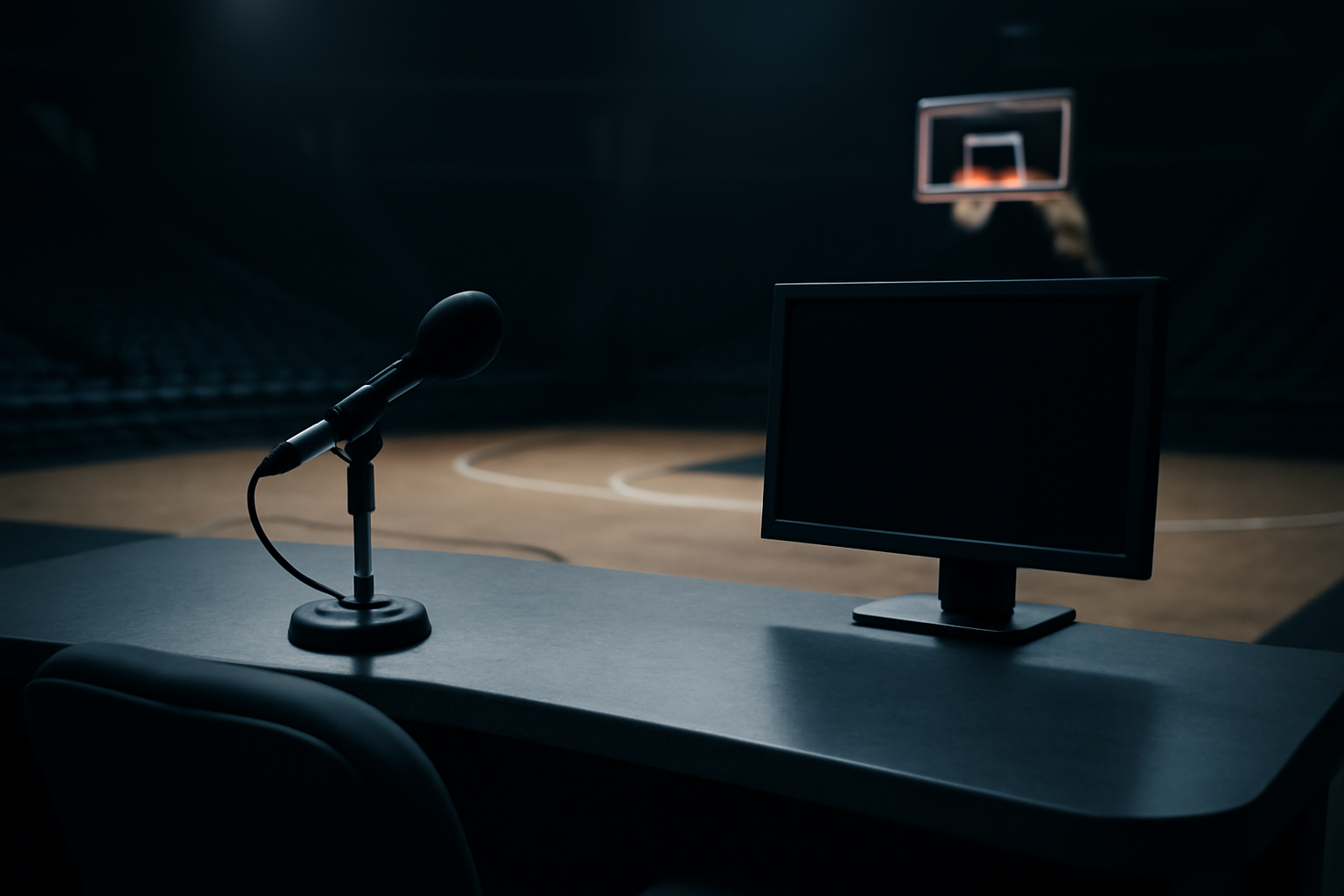 A college basketball broadcast set with an empty analyst chair and microphone under studio lights
