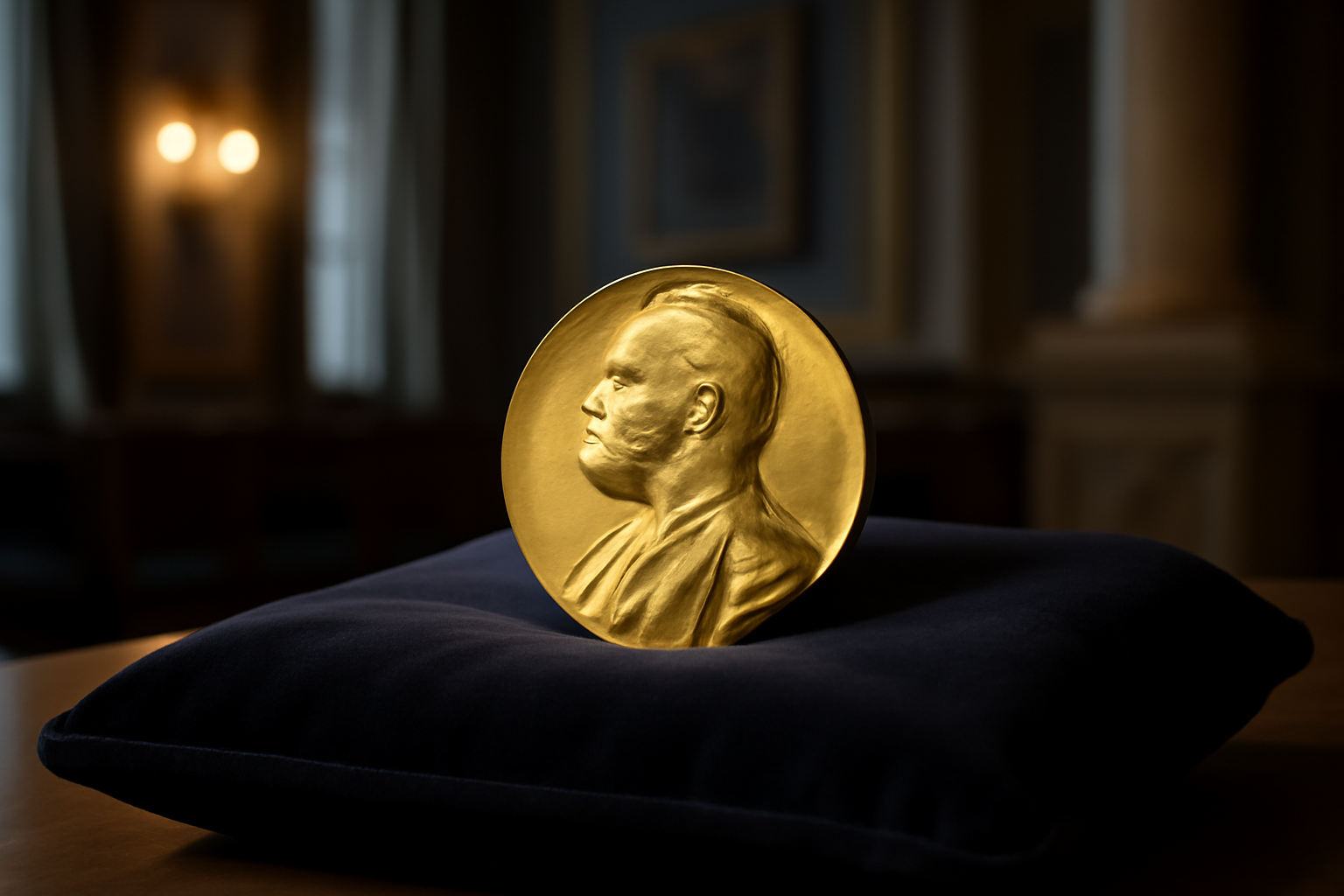 Gold Nobel Prize medal resting on a dark velvet surface in Stockholm
