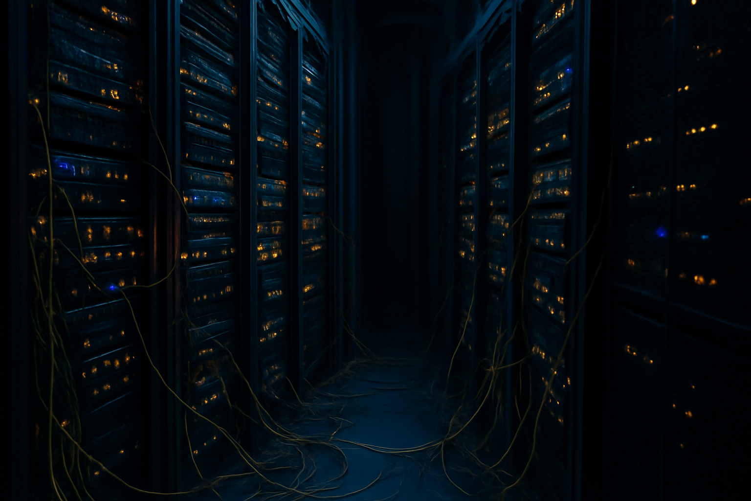 Server room with glowing data cables representing financial network infrastructure