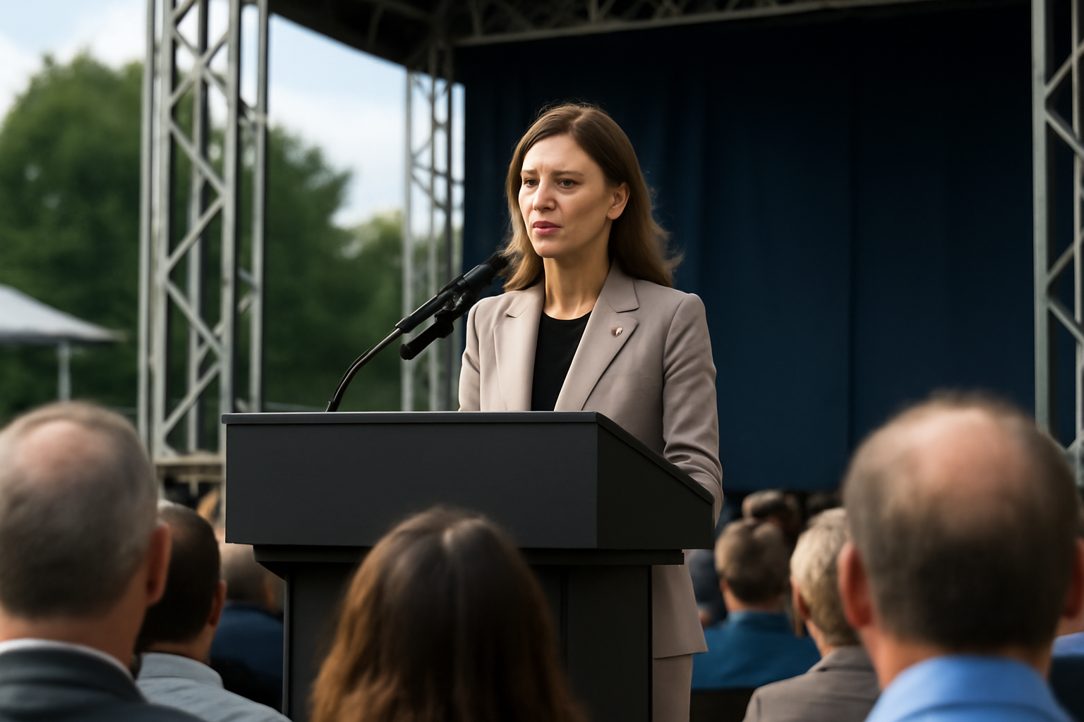 A woman speaks at a podium on an outdoor festival stage before a seated audience