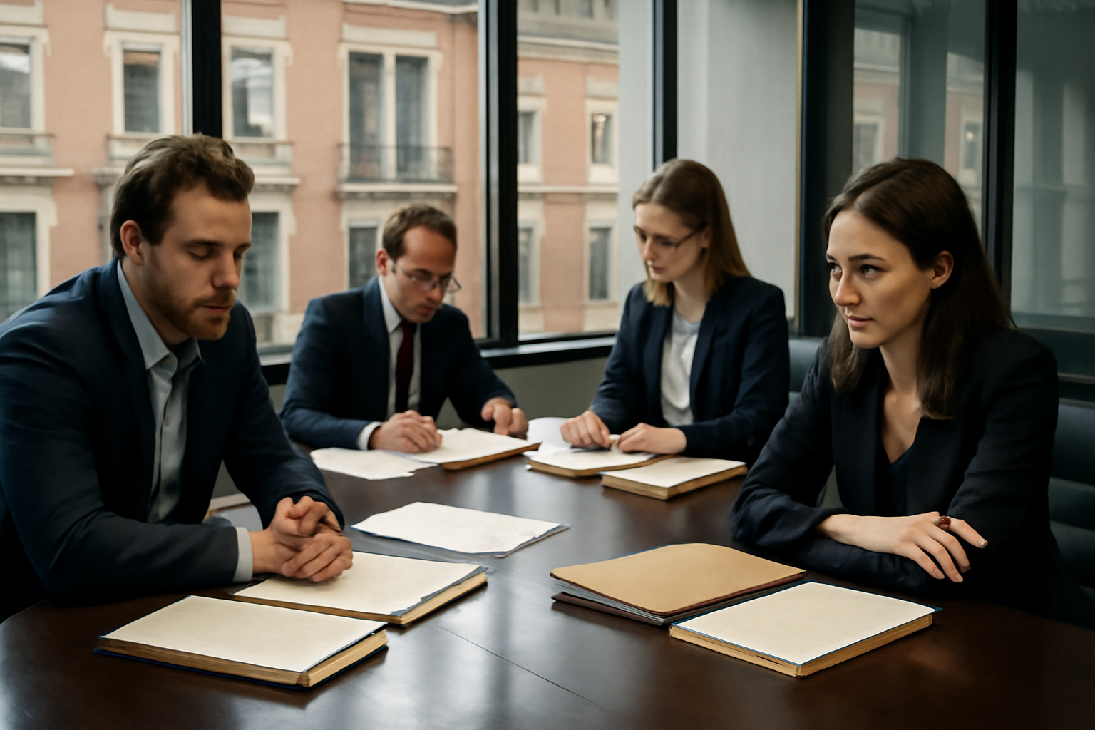 Two actors seated across a law firm conference table during a tense divorce negotiation scene