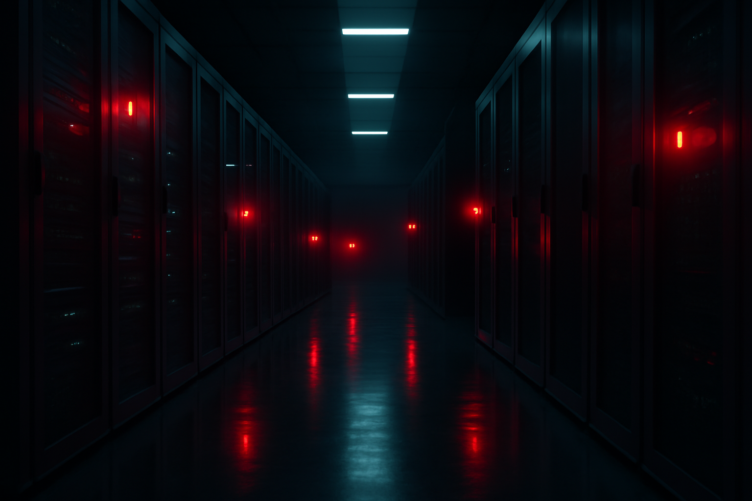 Server racks glowing with warning-light red indicators inside a federal data center corridor
