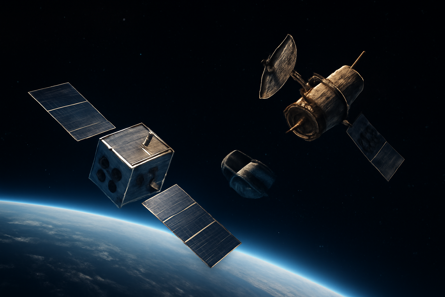 Small satellite with extended solar panels approaching a defunct spacecraft in orbit above Earth