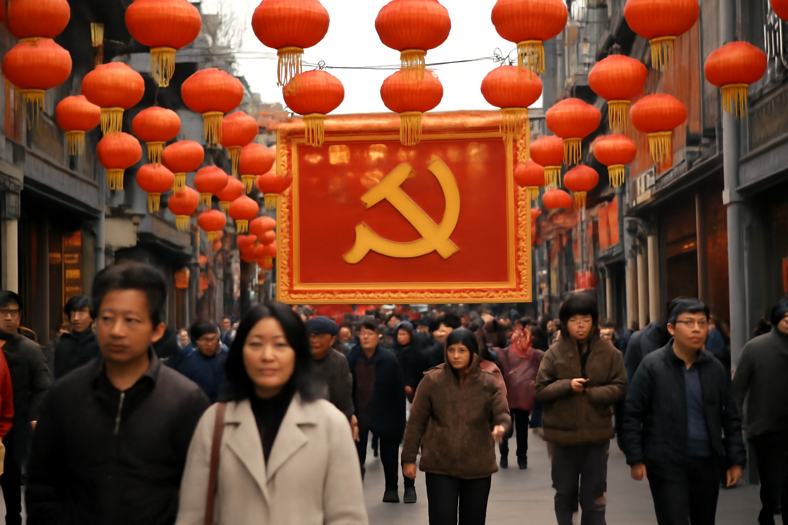 Red lanterns and a portrait of Xi Jinping displayed together during a Chinese festival street scene
