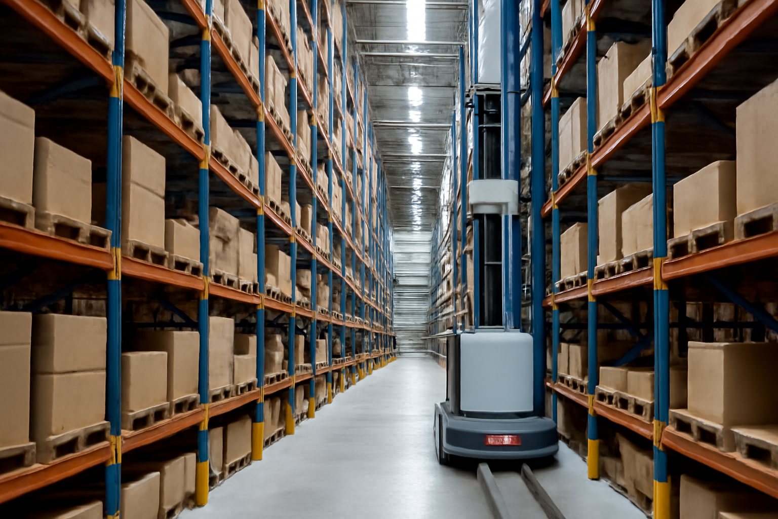 Rows of tall warehouse shelving with automated robotic lift equipment moving between aisles