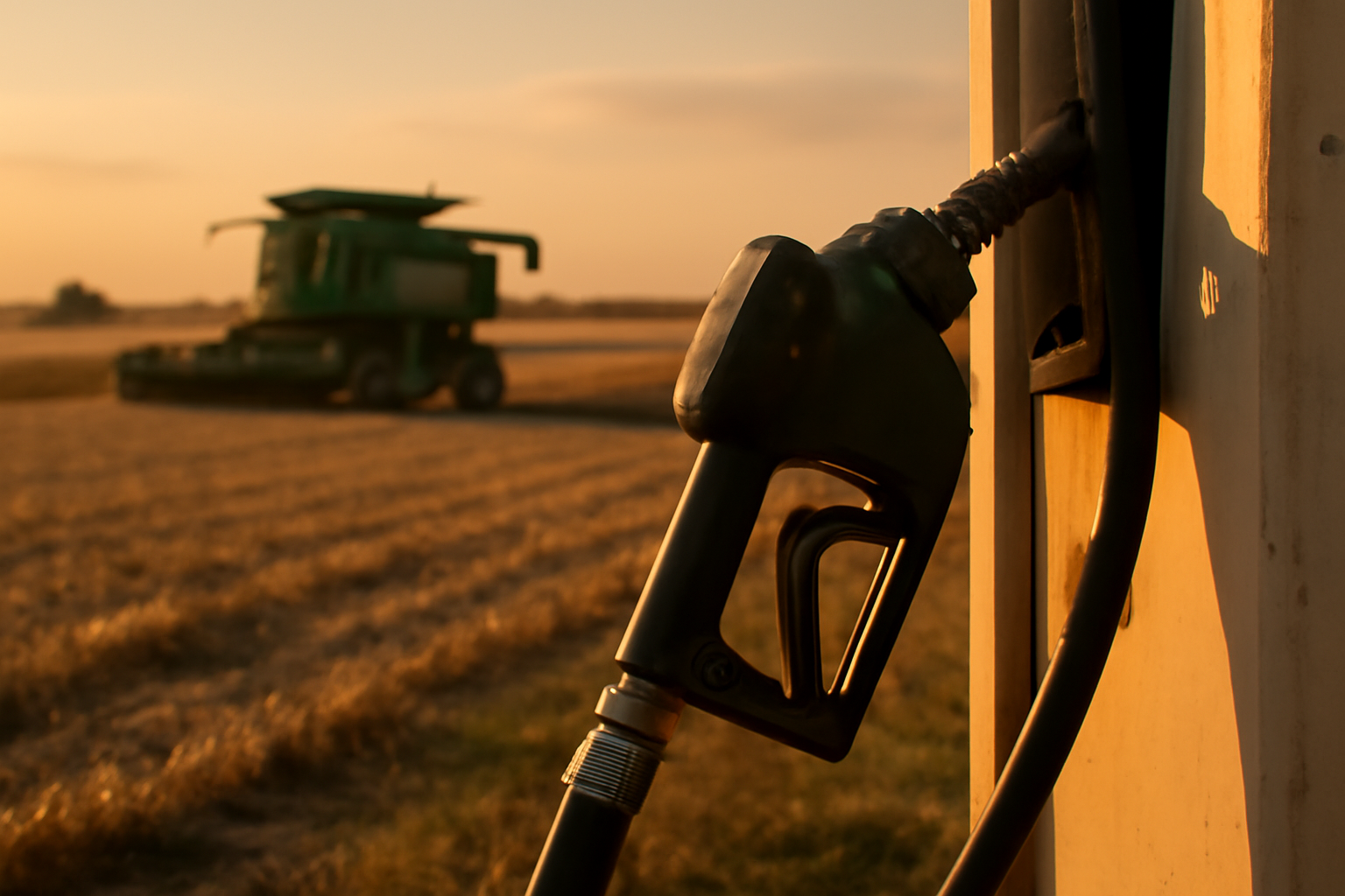 Diesel fuel pump at a rural Iowa farm supply station with harvested fields in the background
