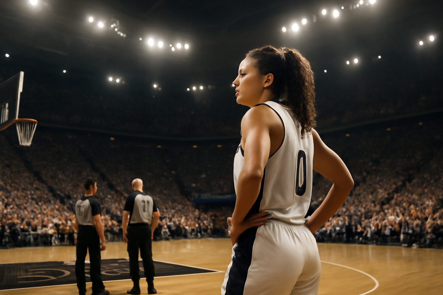 A WNBA player walks toward the stands near courtside seating as officials look on during a playoff game