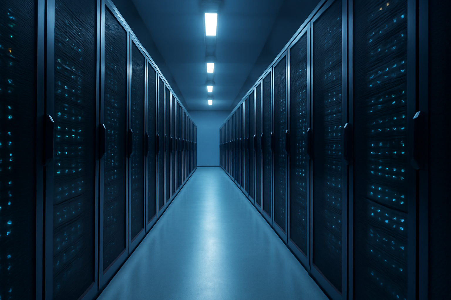 Rows of server racks inside a data center hallway with status lights glowing