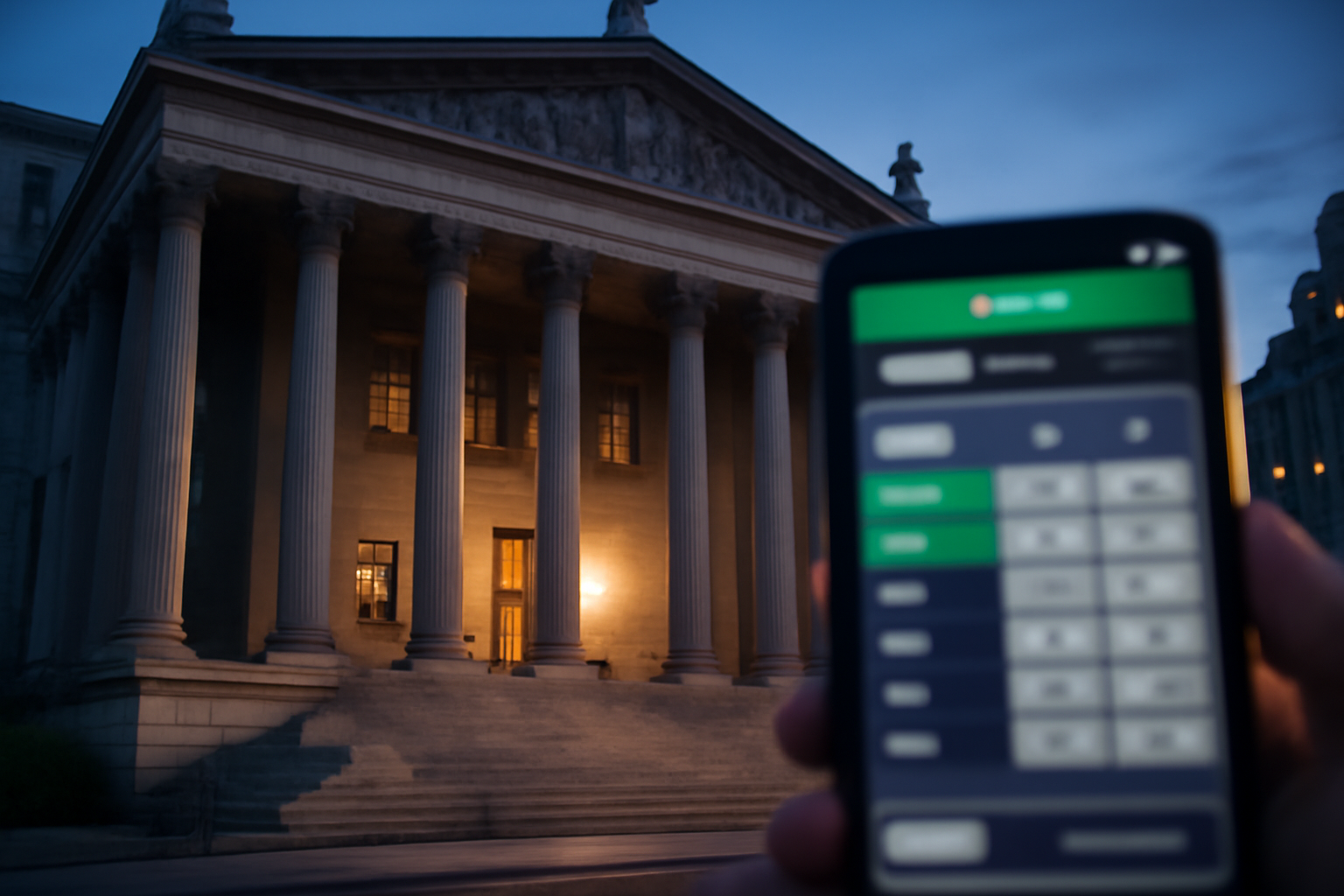 Courthouse exterior with a smartphone displaying a prediction-market betting app in the foreground