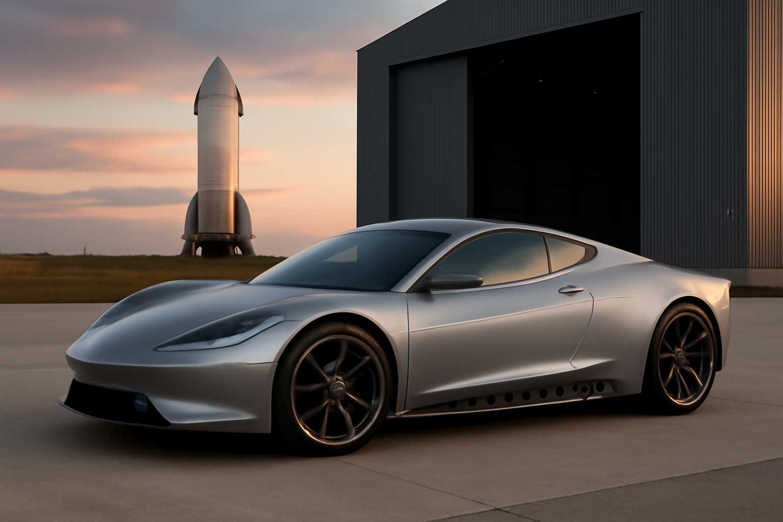 Tesla Roadster prototype with visible air thruster vents displayed at a SpaceX facility in Texas
