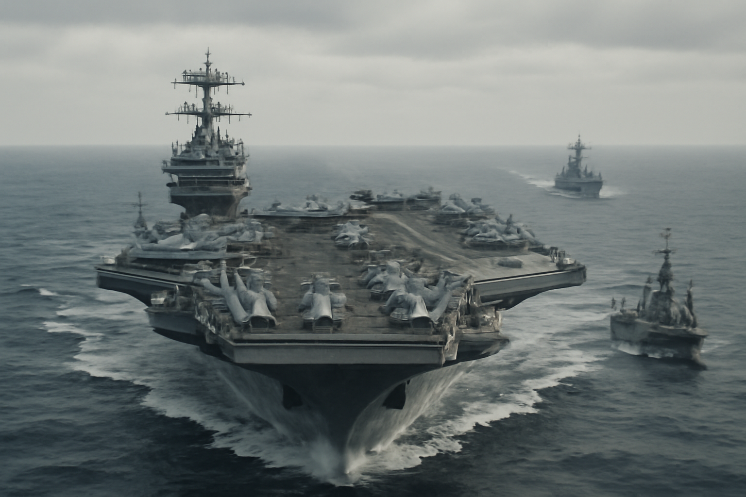 Aircraft carrier underway in open water with an escort ship nearby under a clear sky