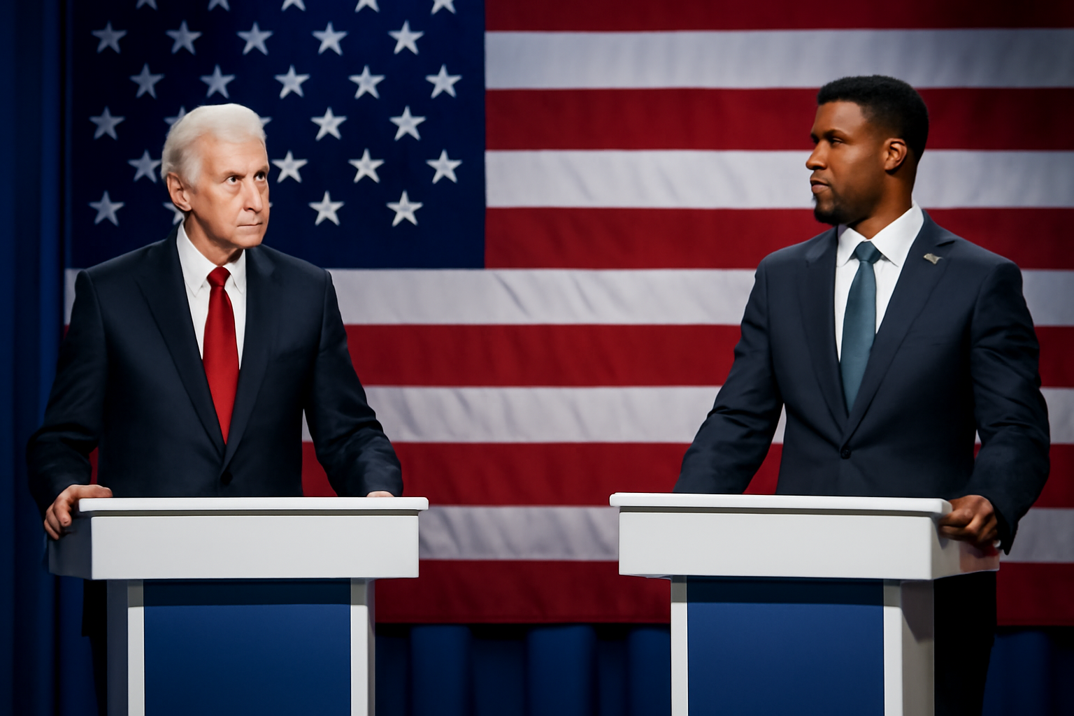 Two Senate candidates standing at podiums during a televised debate