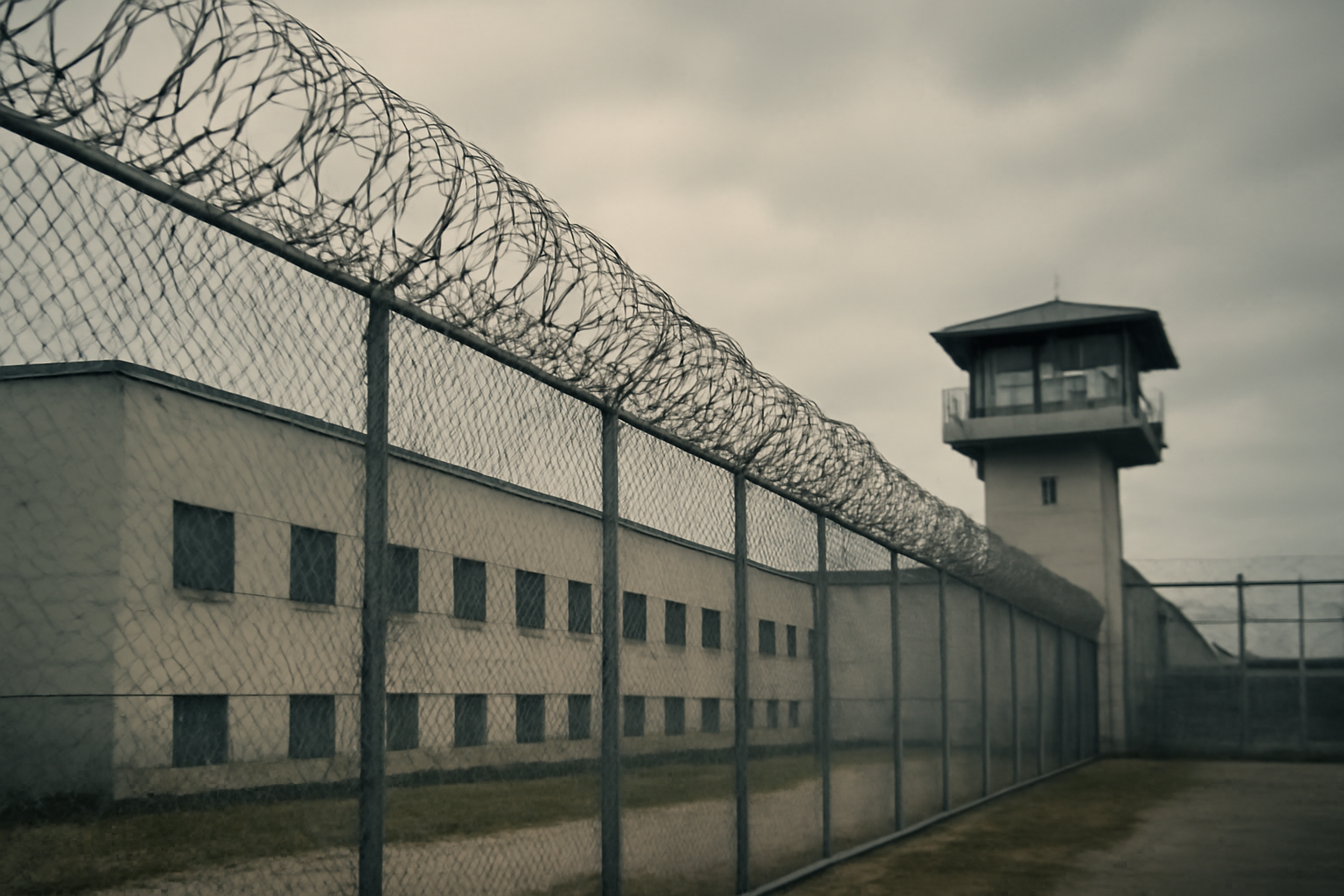 Exterior gate and fencing of a maximum security prison facility under overcast sky