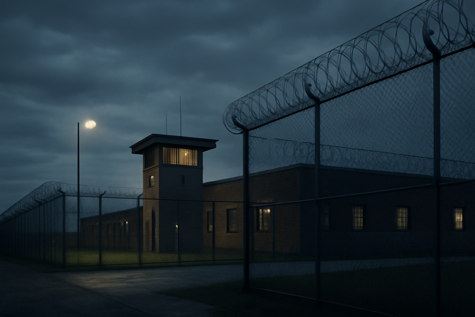 Exterior view of a Tennessee state correctional facility under overcast sky
