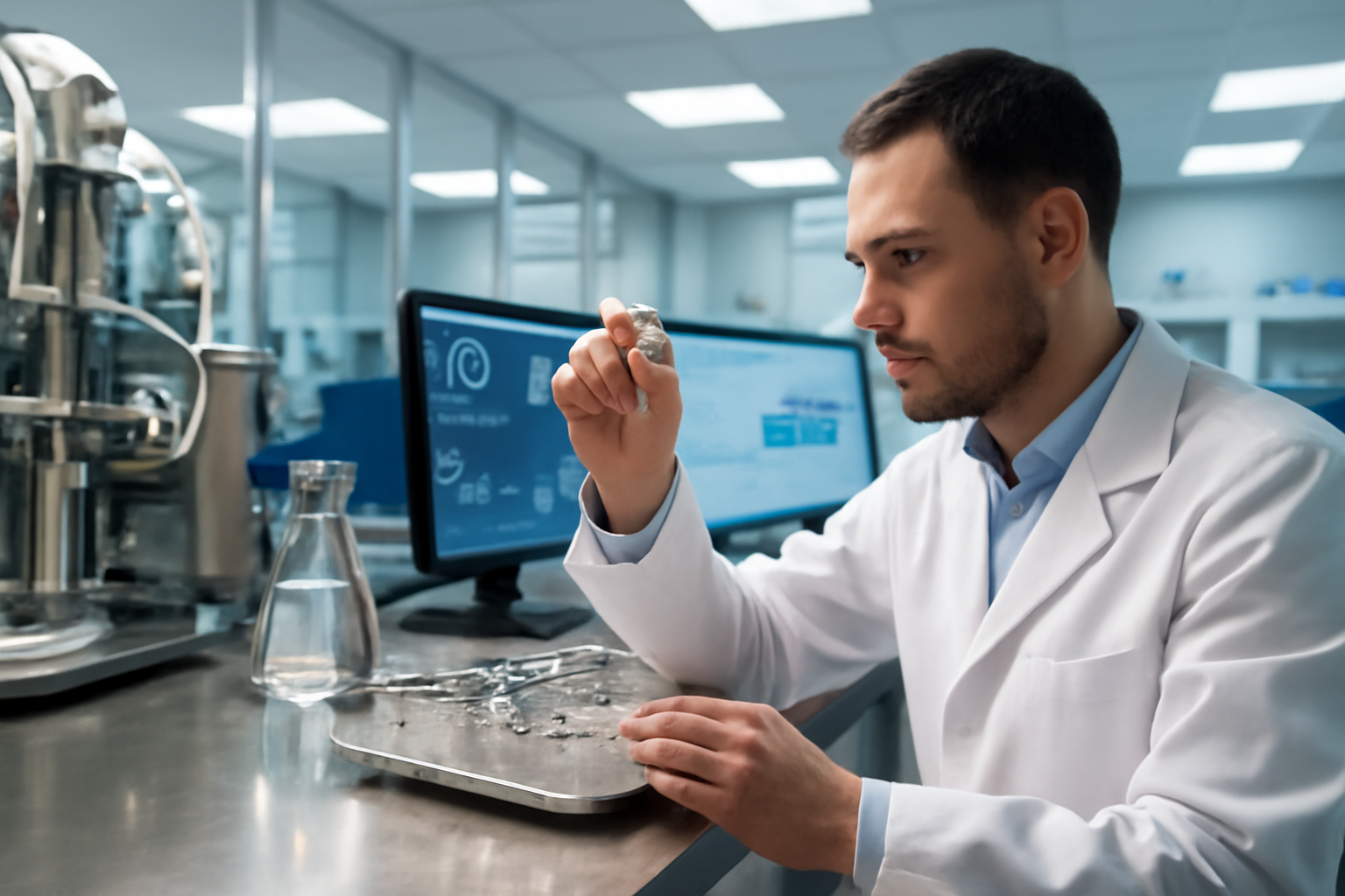 Laboratory researcher examining vials near a pharmaceutical company logo display