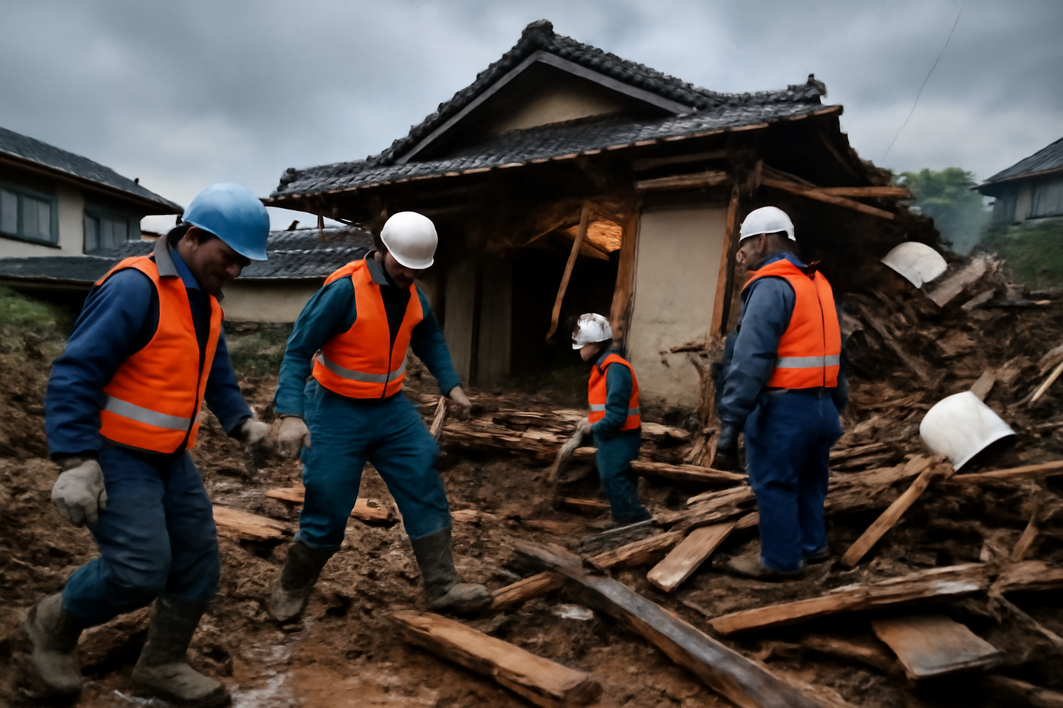 Rescue workers searching a collapsed home after a landslide caused by Typhoon Dujuan in Japan.