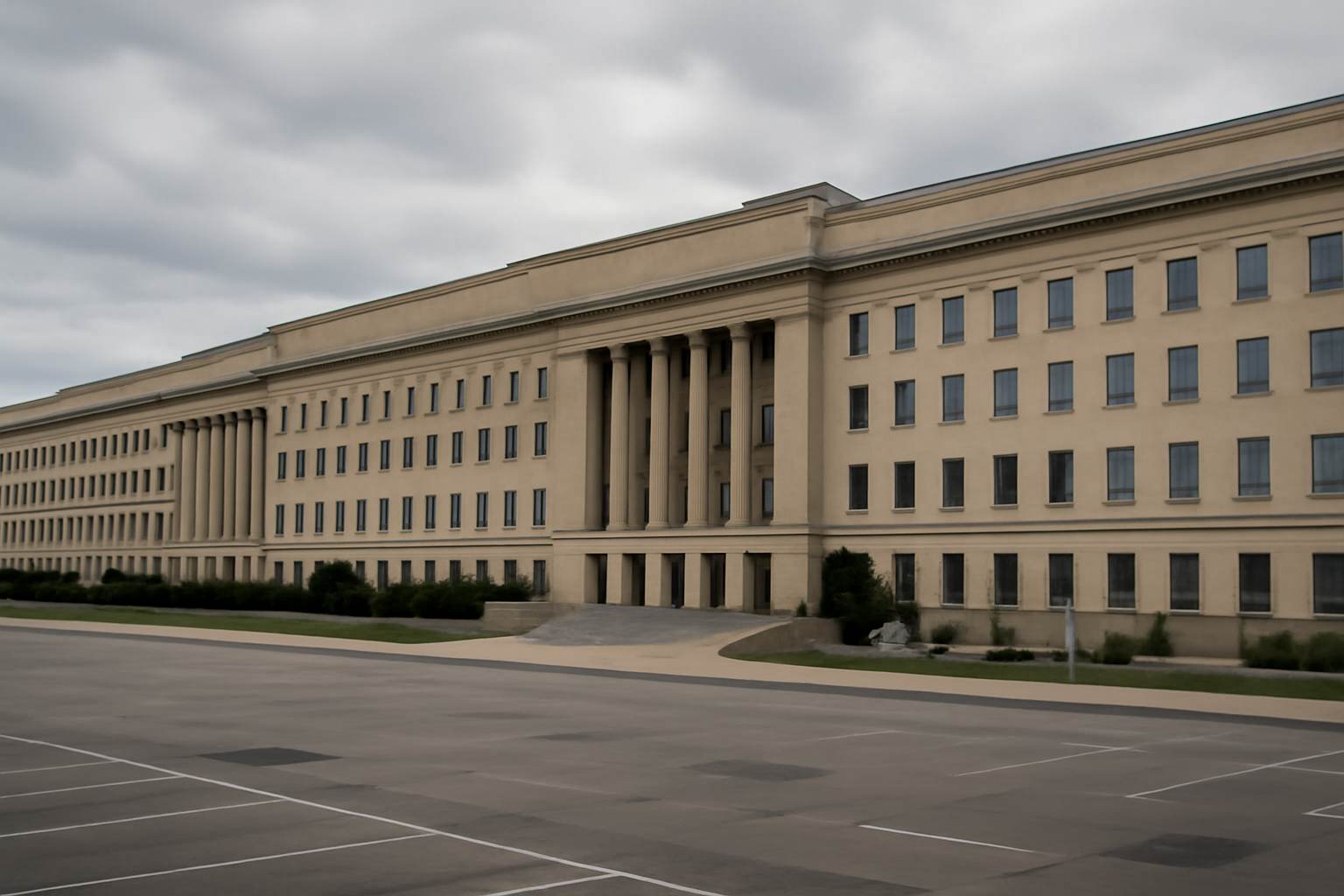 Exterior view of the Pentagon building under a gray sky