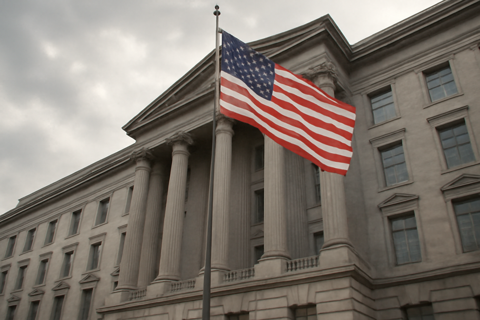 Exterior of an Internal Revenue Service federal building with a flag in front