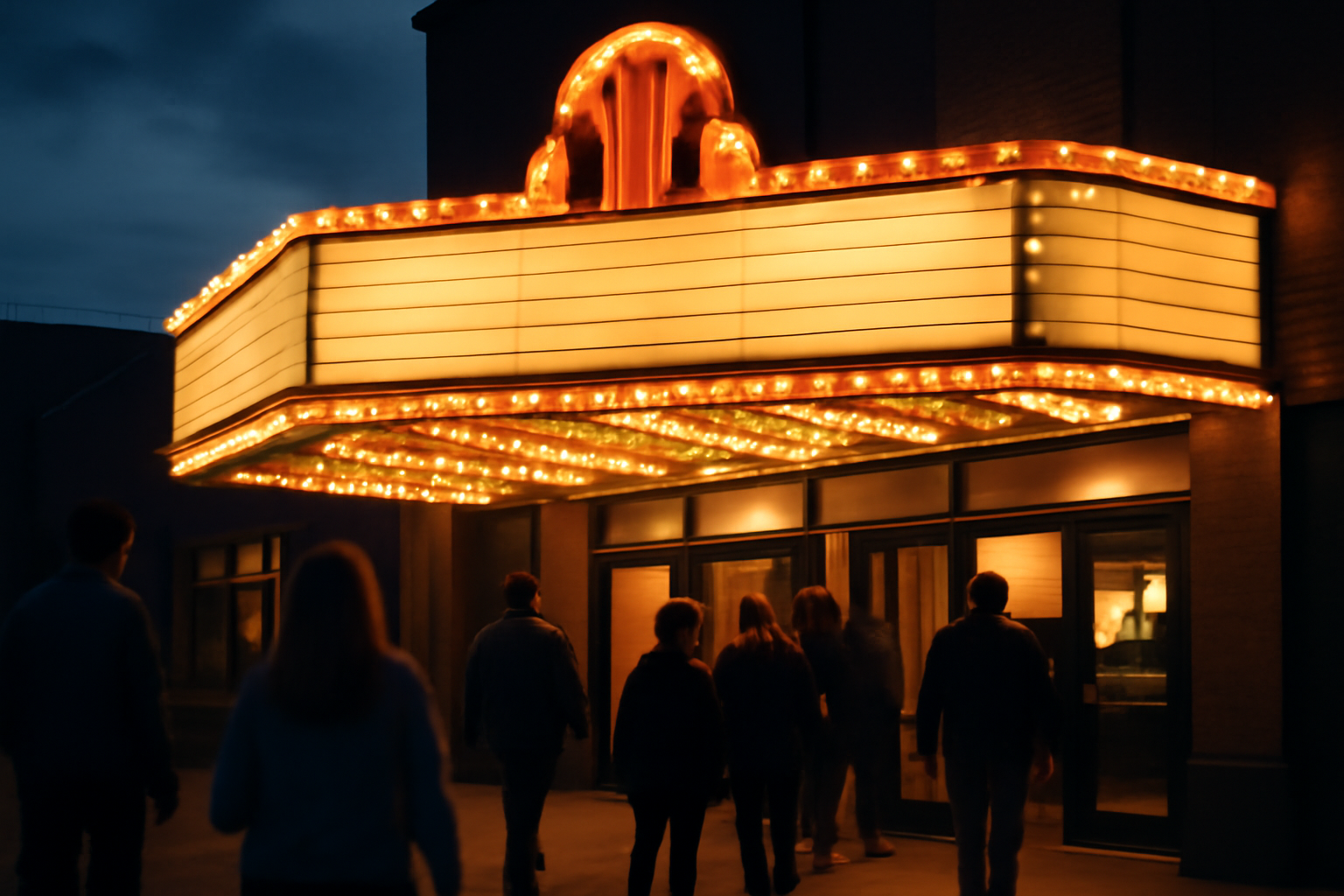 Movie theater marquee lit at dusk advertising a superhero blockbuster film