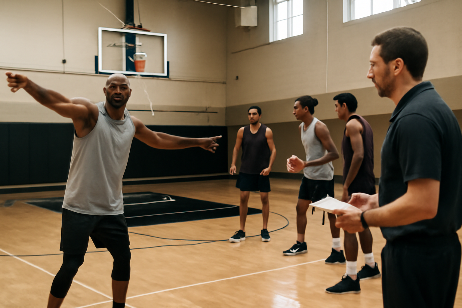 LeBron James in a Philadelphia 76ers practice jersey directing teammates during a half-court drill
