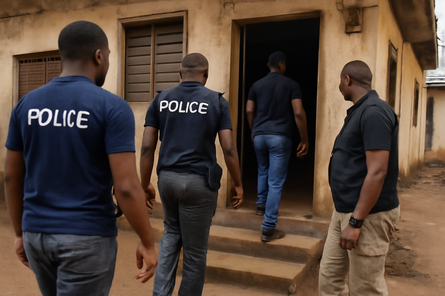 Police officers standing outside a research office building during an investigation in West Africa