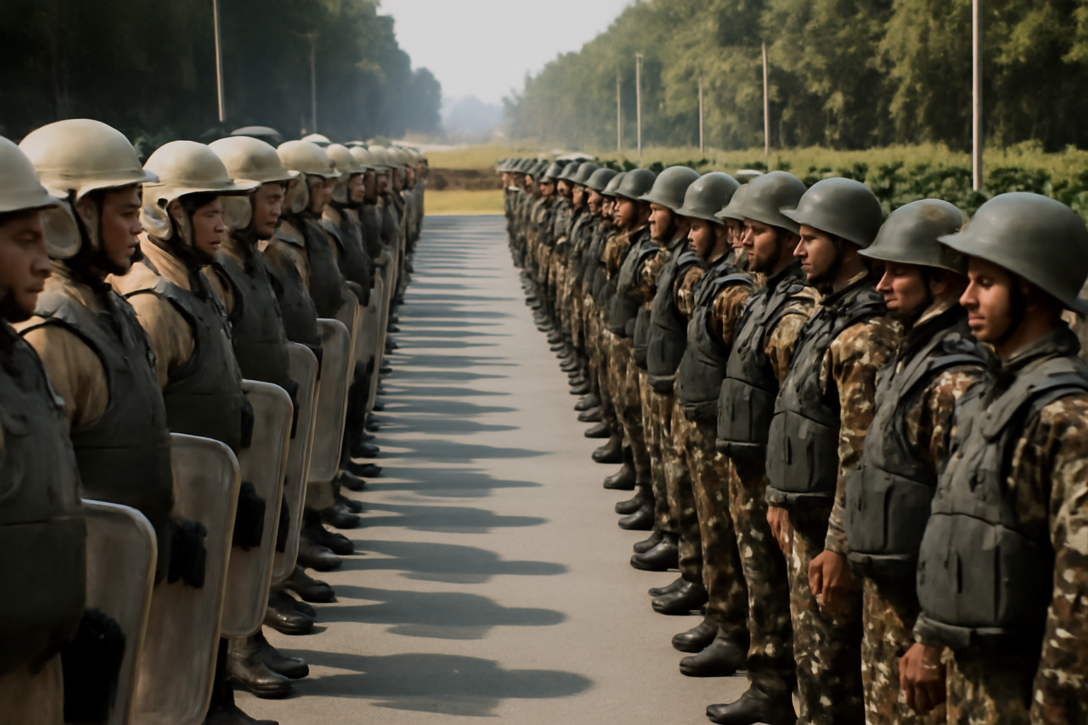 Rows of police and paramilitary personnel in riot gear standing in formation on a wide New Delhi street