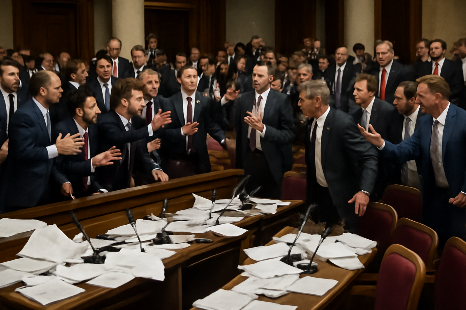 Lawmakers in a chaotic scrum on the floor of a European parliamentary chamber