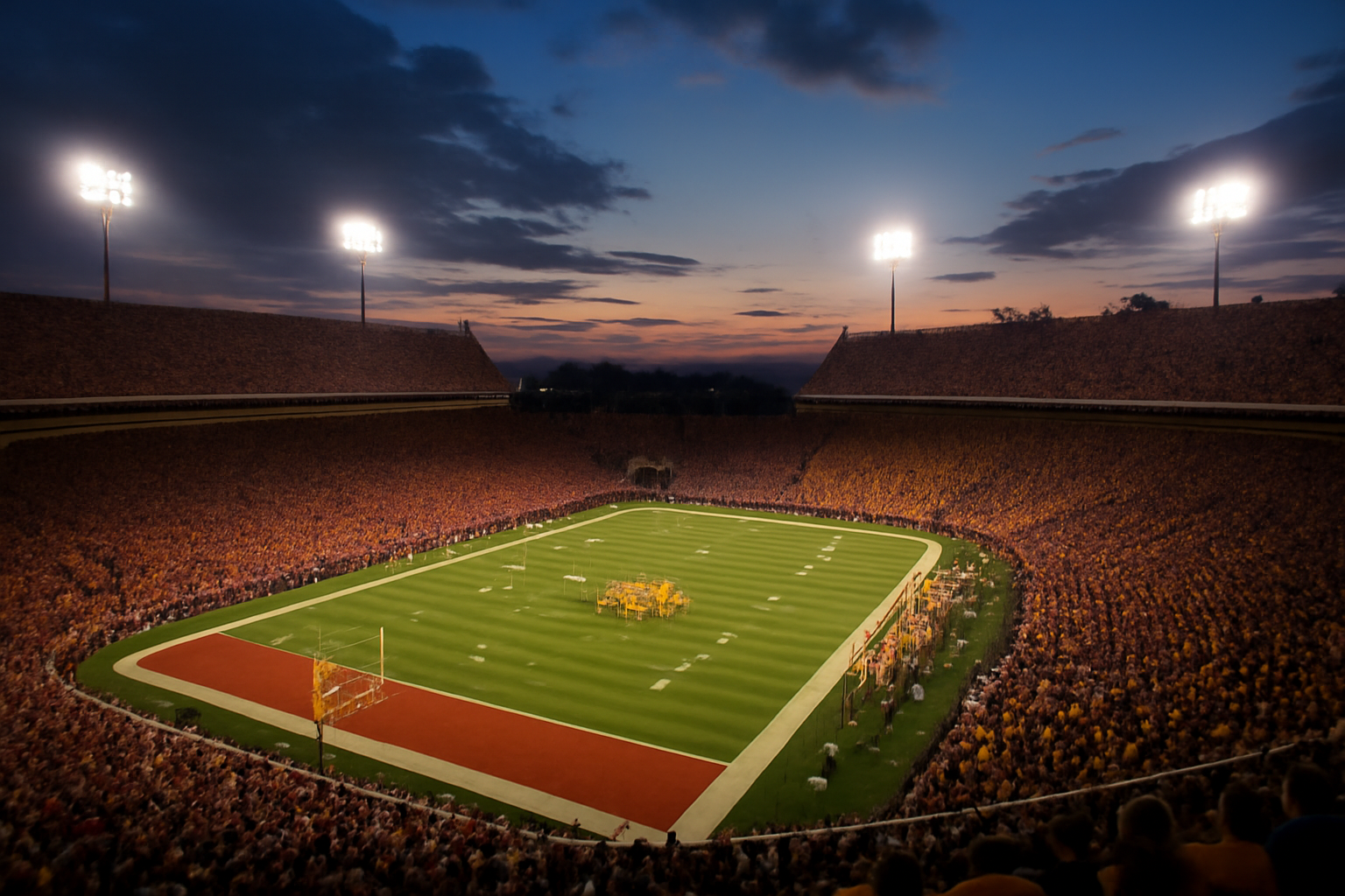 Empty college football stadium bowl under stadium lights before a Saturday night game