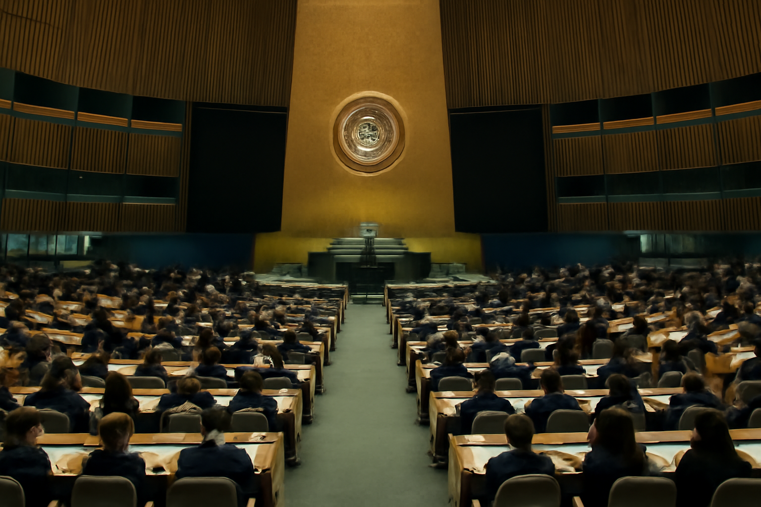A world leader addresses the United Nations General Assembly chamber with delegates seated at desks below
