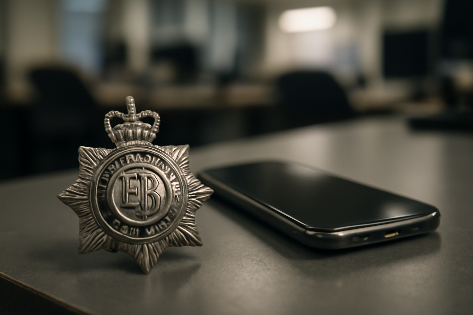 A London Metropolitan Police officer's badge and smartphone resting on a desk under office lighting