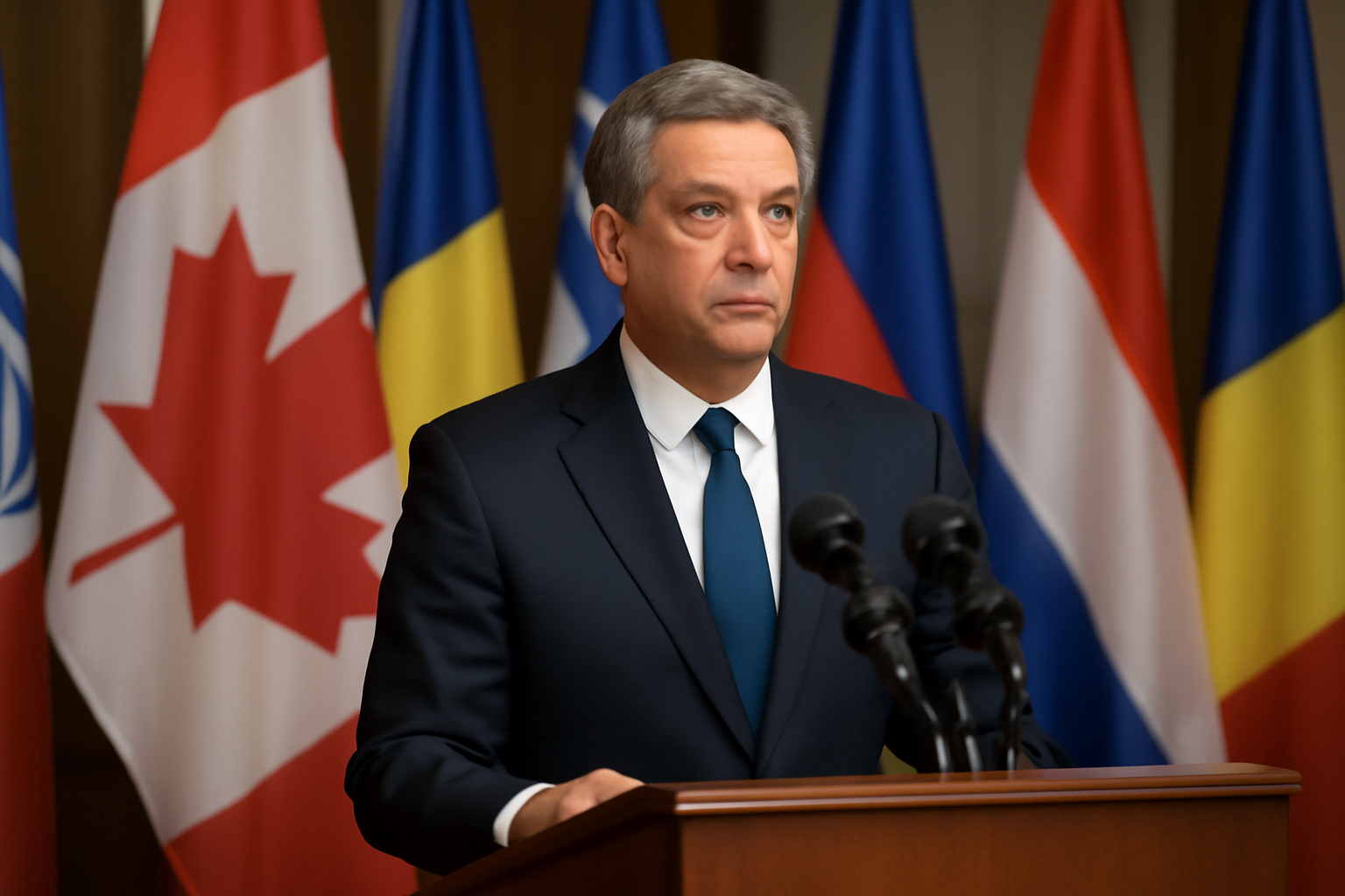 Canadian Prime Minister Mark Carney at a podium with Canadian and international flags in the background