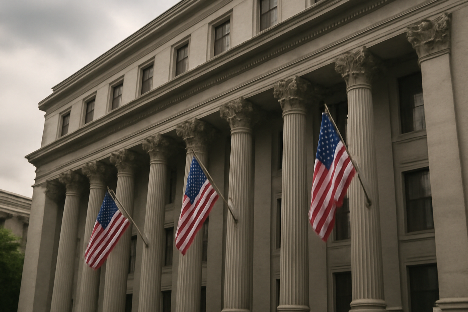 Exterior of a federal courthouse with American flags ahead of a midterm election ruling