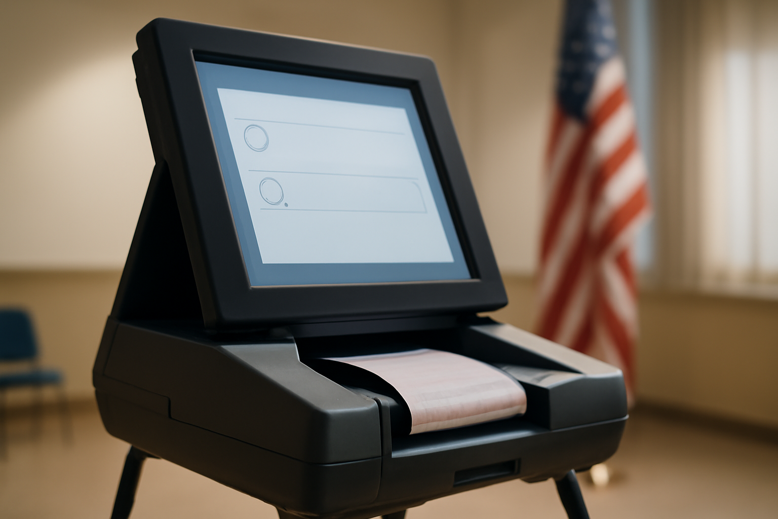 Close-up of a voting machine touchscreen and printed ballot receipt inside a polling station