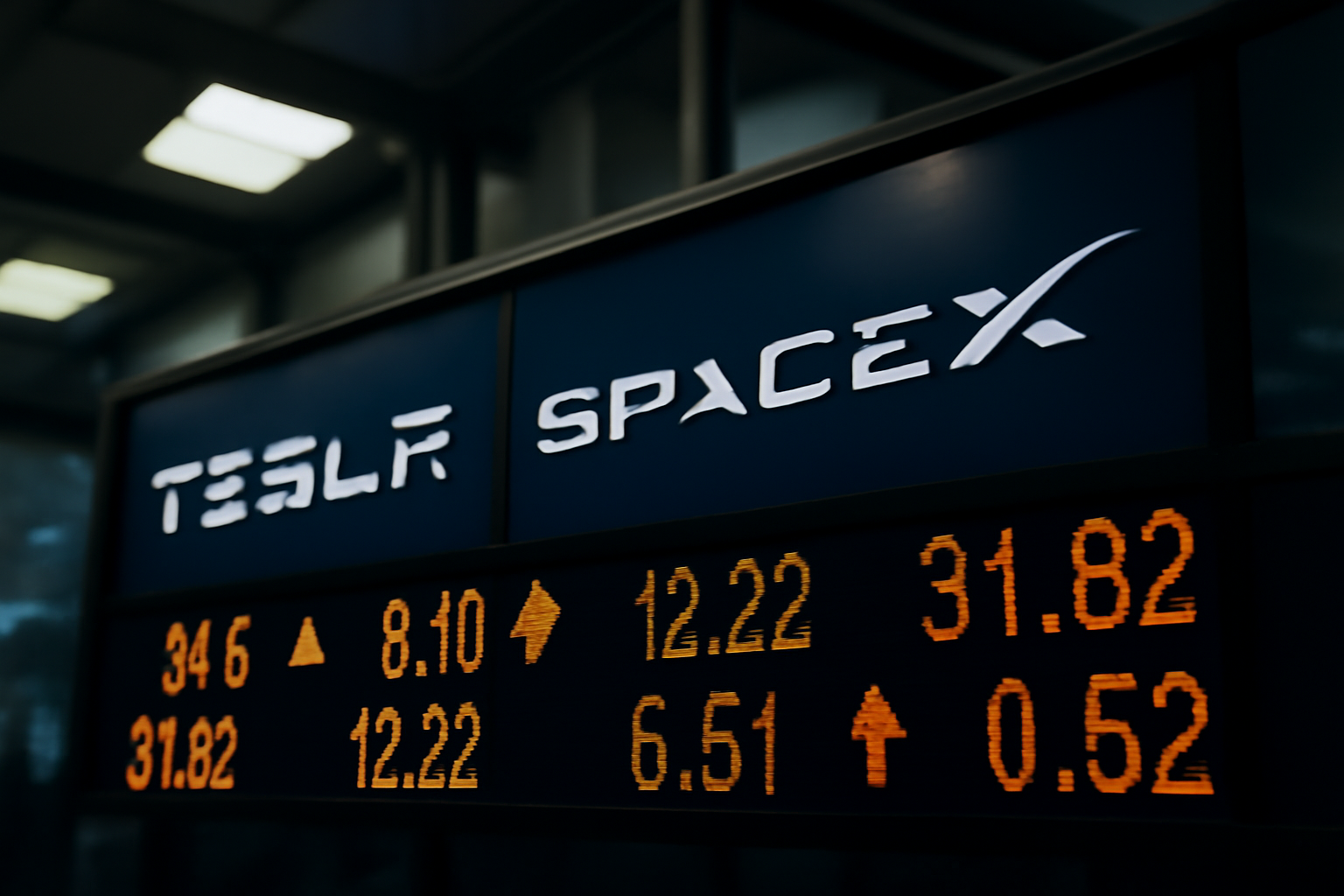 Tesla and SpaceX logos displayed side by side on a stock ticker screen