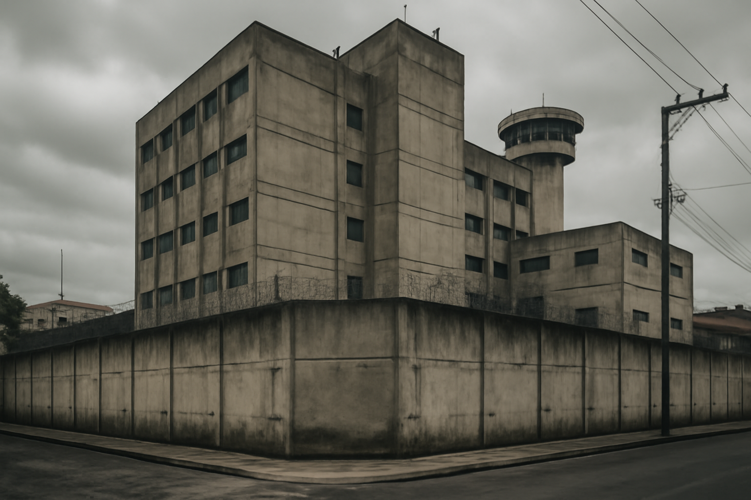 Exterior of a Bolivian prison building under overcast sky