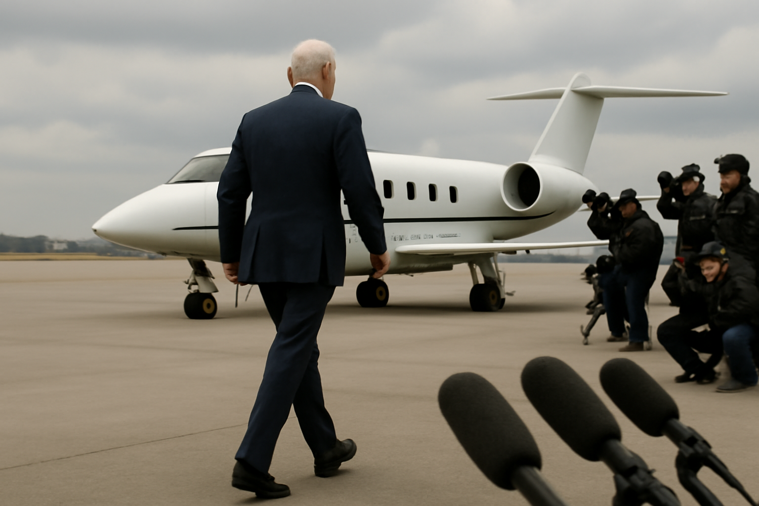 Donald Trump walking across a tarmac toward a small aircraft with reporters in the background