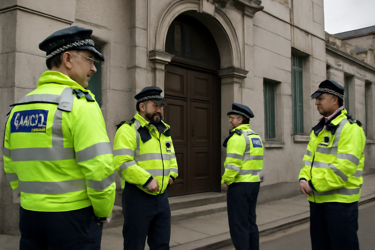 Metropolitan Police officers stand outside a central London court building under overcast skies
