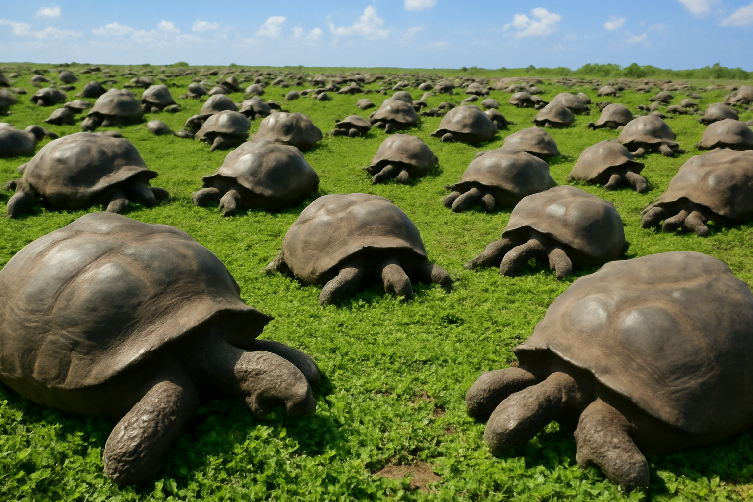 Giant Aldabra tortoises grazing among low vegetation on a sunlit atoll