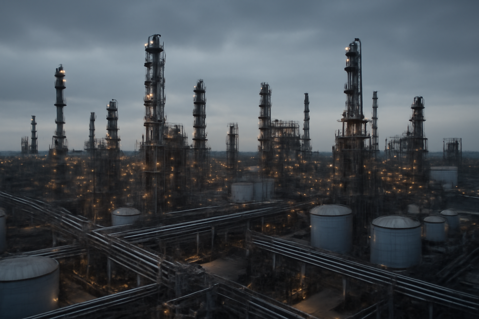 Industrial chemical plant with steel towers and pipelines against an overcast sky in Germany