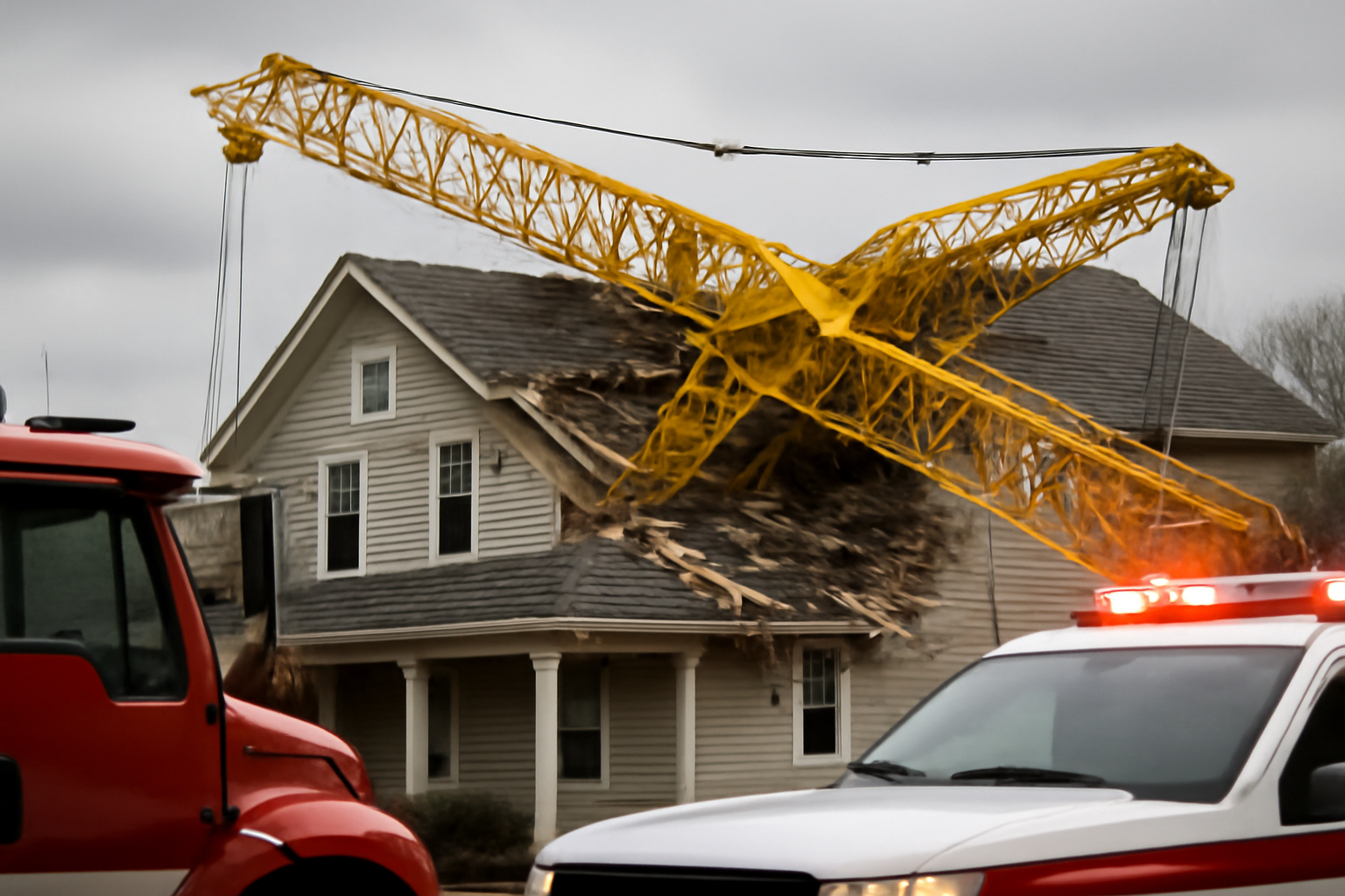 A large yellow construction crane lying diagonally across the collapsed roof of a two-story suburban New Jersey home