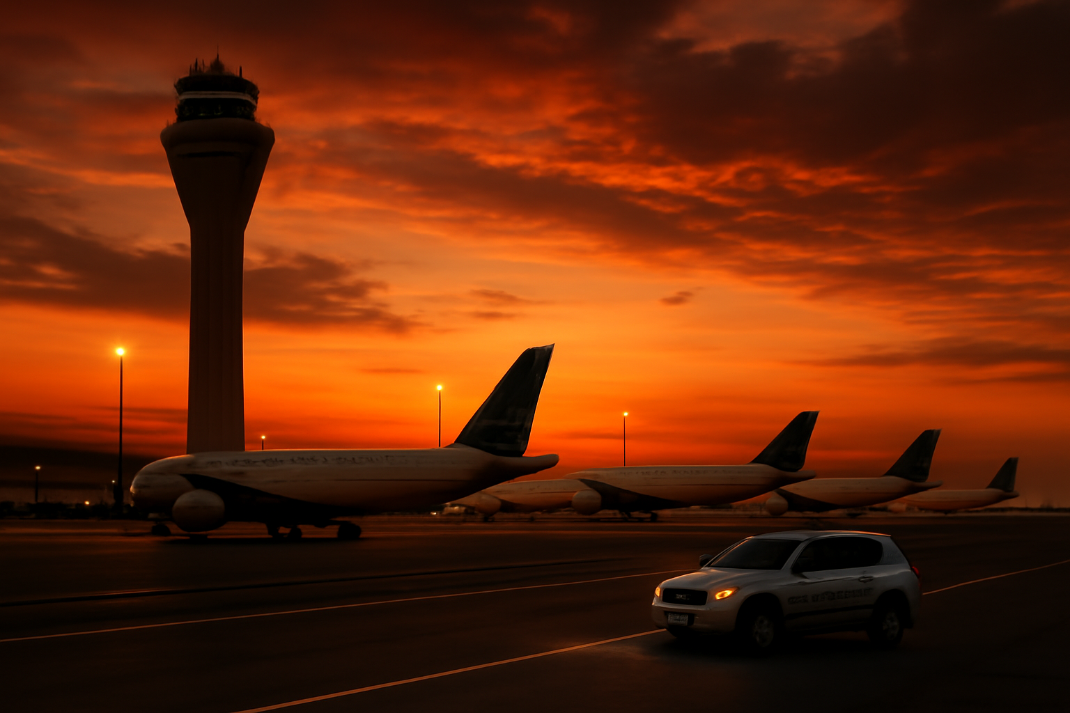 Control tower and parked commercial jets at a Saudi Arabian airport at dusk