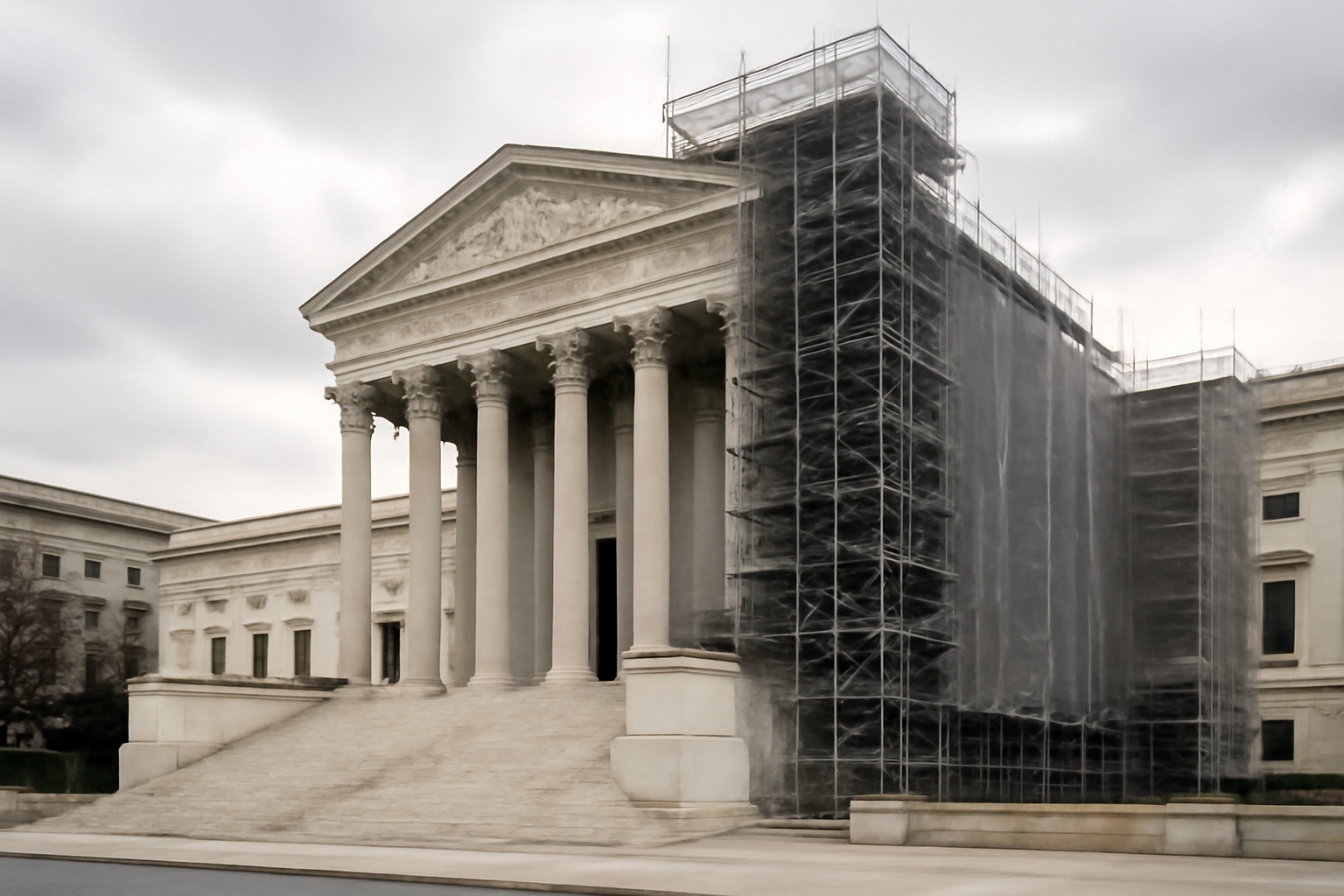 Exterior view of a Federal Reserve building under renovation with scaffolding