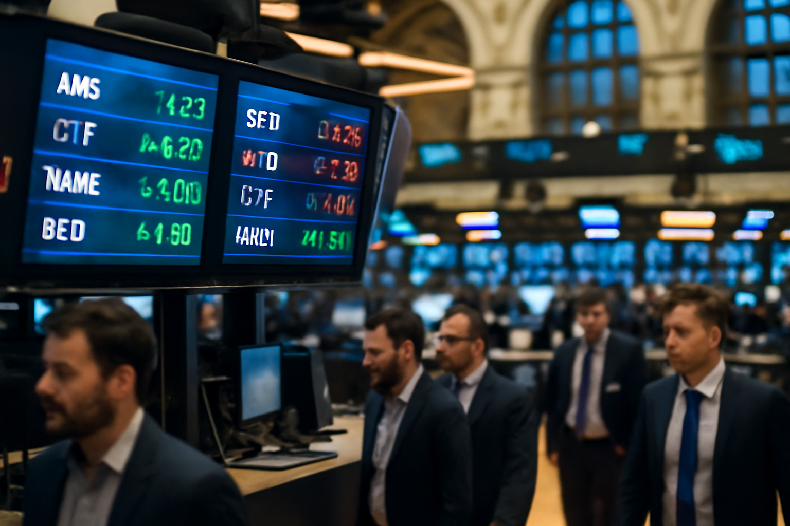 A trading floor screen displays bank stock ticker symbols and price movements during an active session.