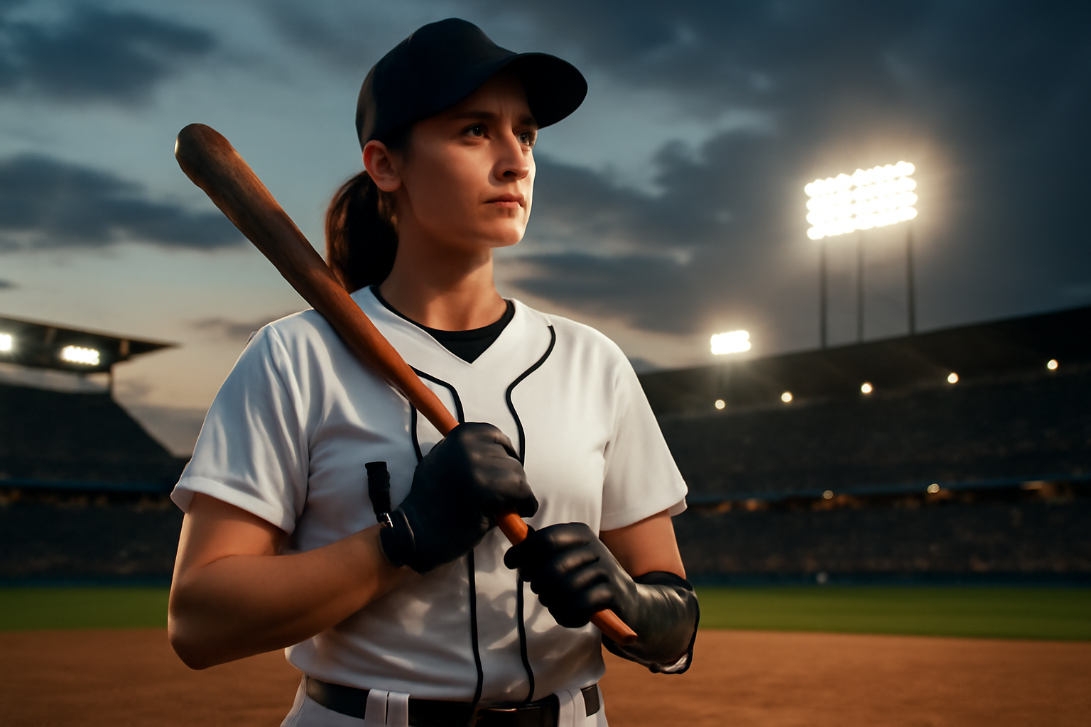 A female baseball player wearing a Queens jersey stands on a dirt infield holding a bat with a prosthetic right hand