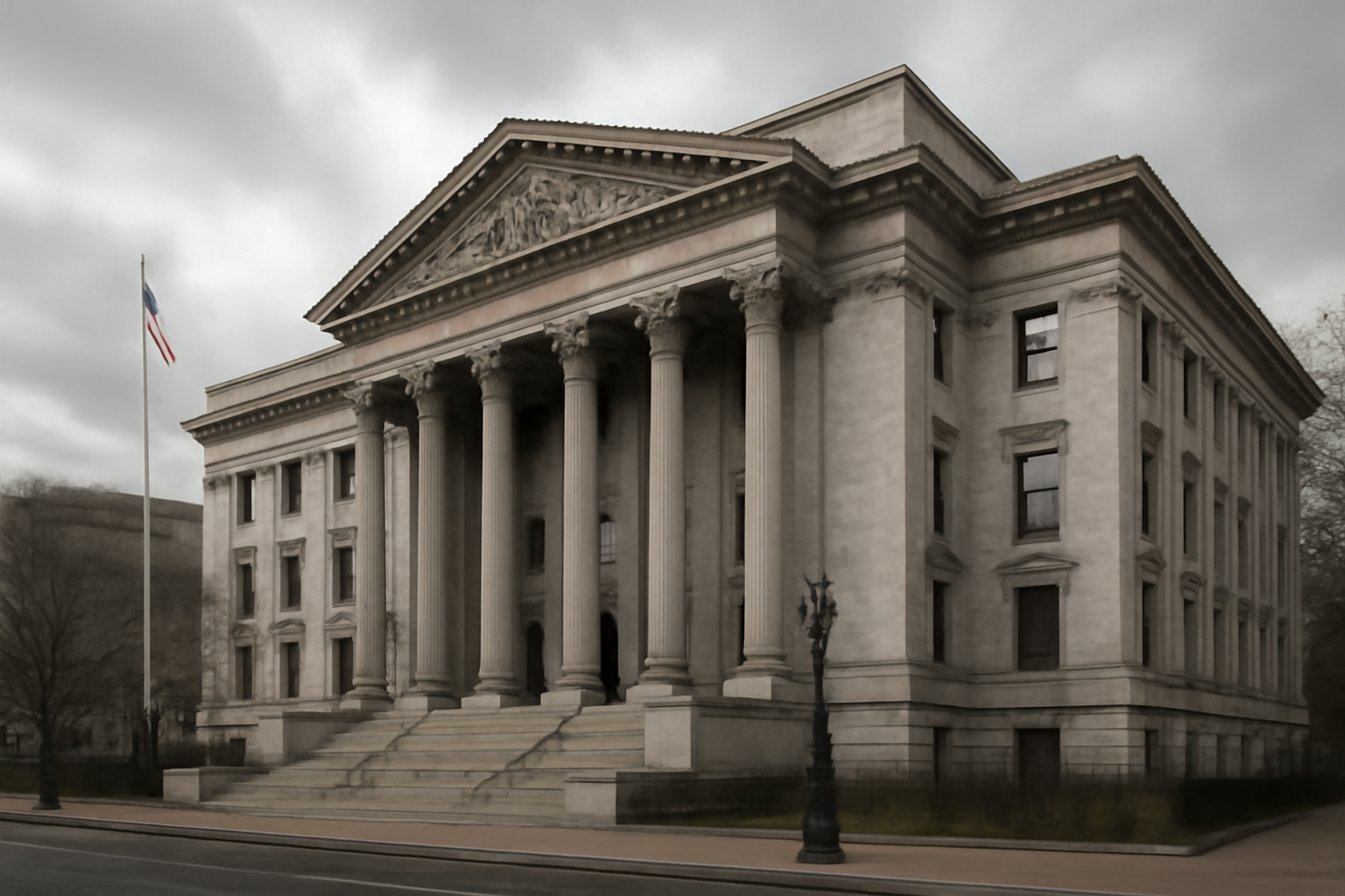 Exterior of a New York state government building with marble columns under daylight