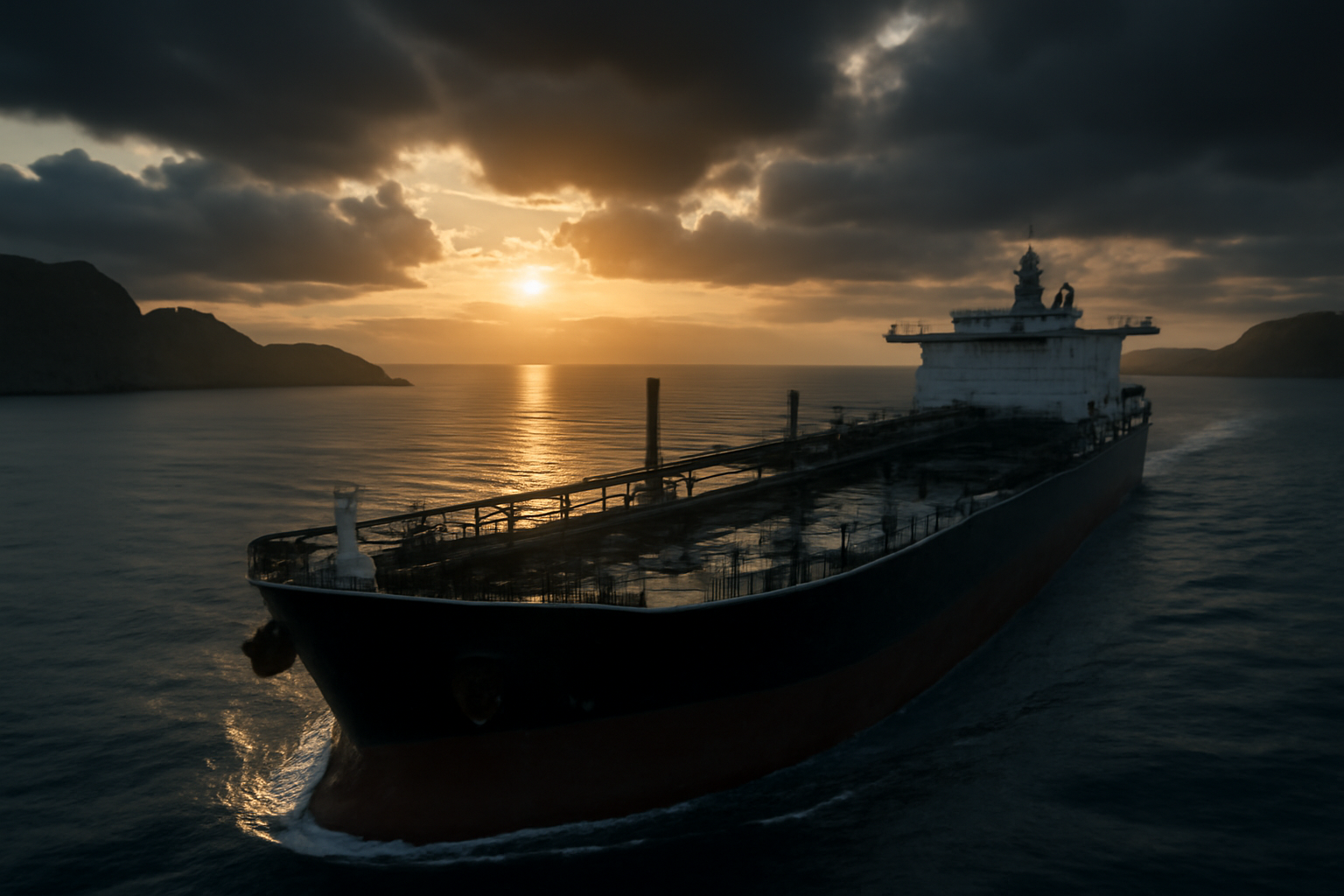 Oil tanker moving through a narrow strait at dusk with calm water and distant coastline