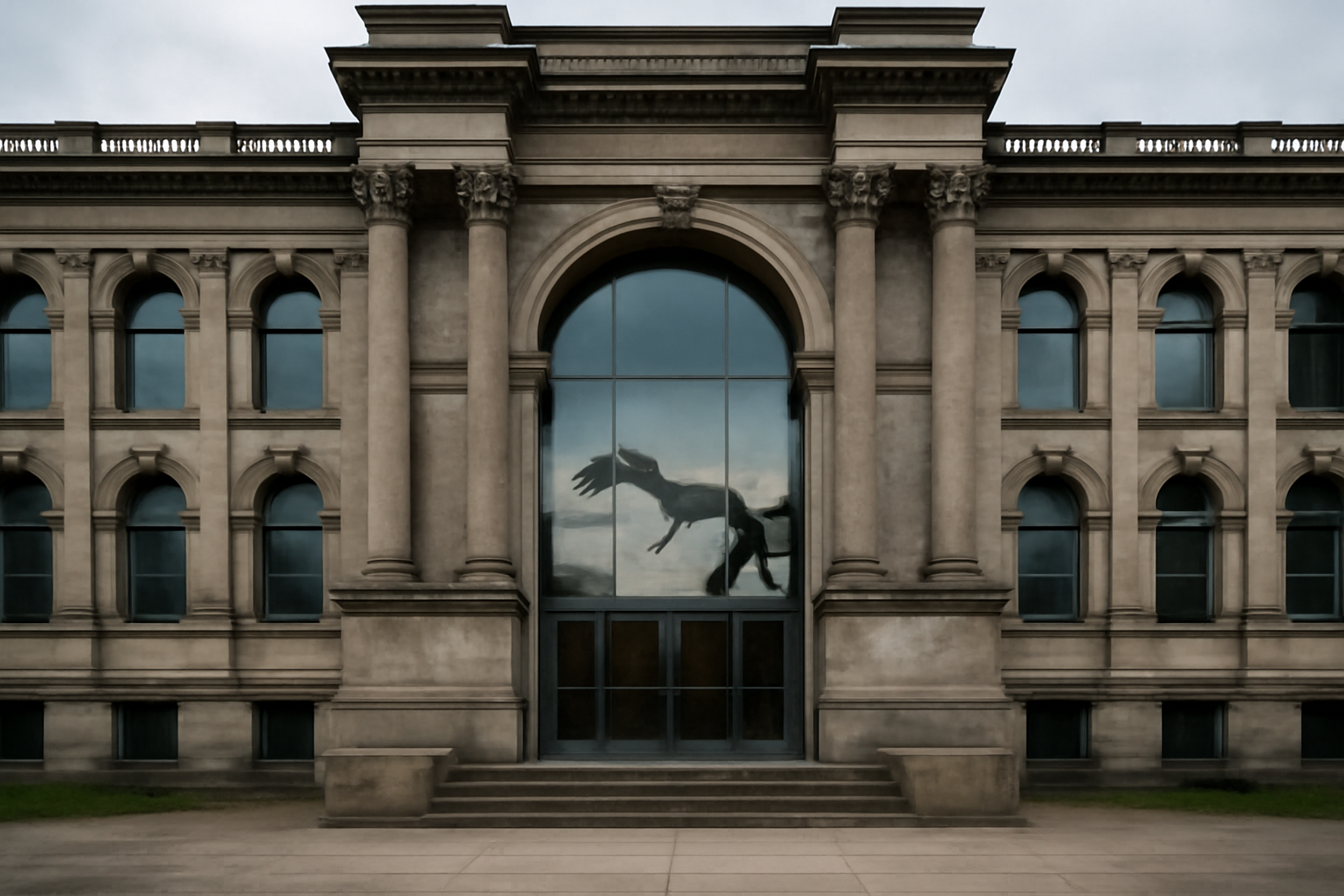 Exterior of a stone museum building in Philadelphia with closed doors and a dinosaur skeleton visible through the glass entrance
