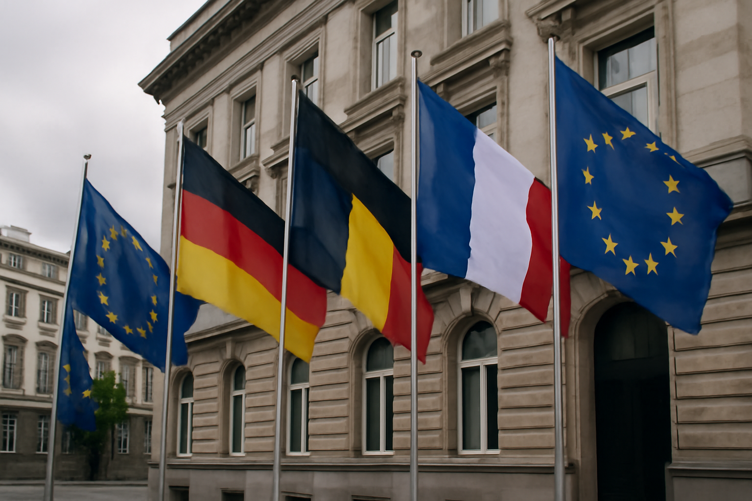 European Union and national flags outside a government building in Brussels